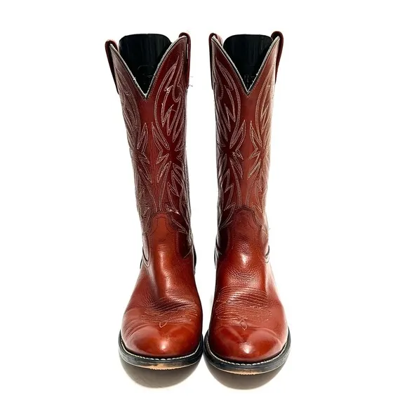 Vintage 1970s men’s brown leather western stitched cowboy boots