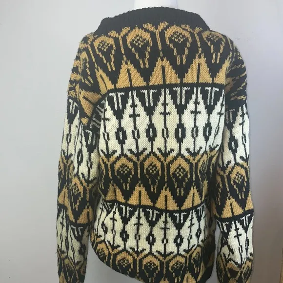 Vintage 1970s Womens Hand Knit Chunky Nordic Fair Isle Wool Geometric Sweater