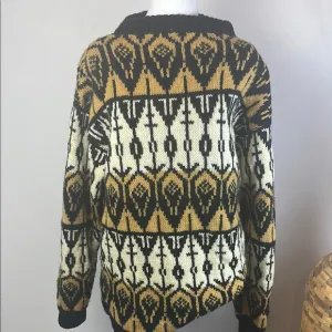 Vintage 1970s Womens Hand Knit Chunky Nordic Fair Isle Wool Geometric Sweater