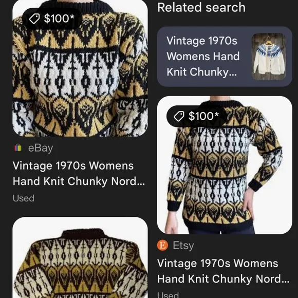 Vintage 1970s Womens Hand Knit Chunky Nordic Fair Isle Wool Geometric Sweater