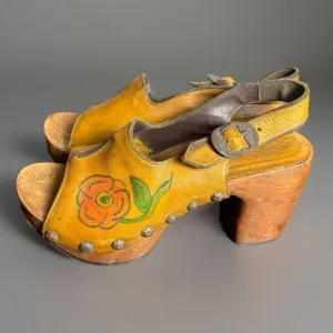 Vintage 60s/70s SBICCA Womens 5.5 Hand Painted Leather/Wood Platform Sandals