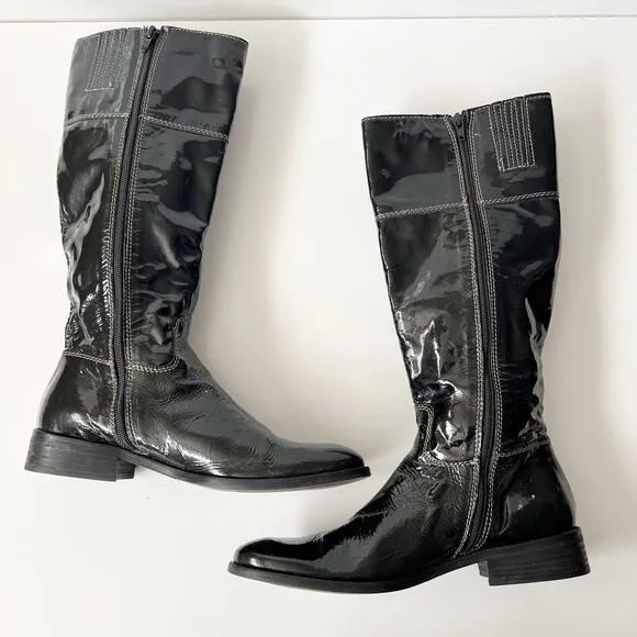 Vintage black patent leather knee-high riding boots tall calf combat size 8.5