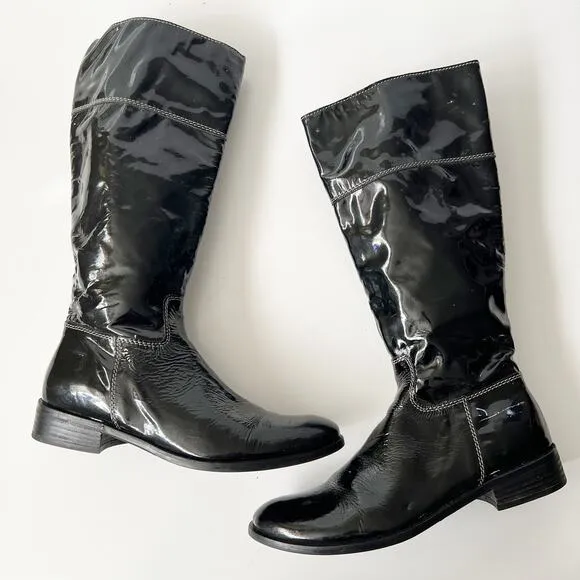 Vintage black patent leather knee-high riding boots tall calf combat size 8.5