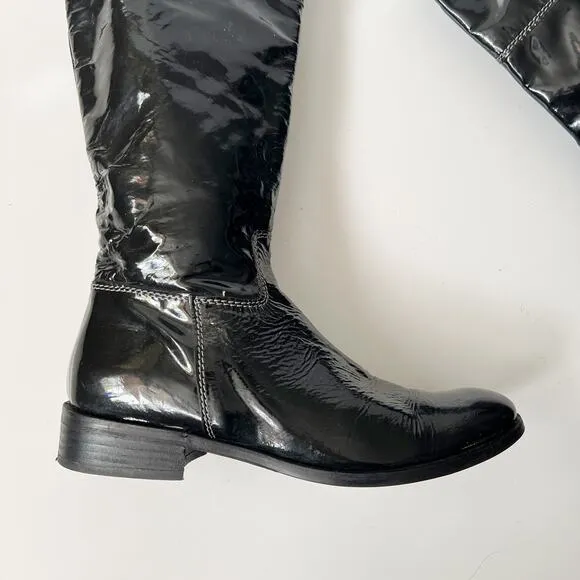 Vintage black patent leather knee-high riding boots tall calf combat size 8.5