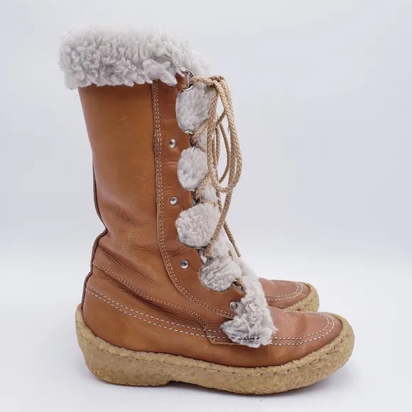 Vintage Cabela's Mid-Calf Shearling Lined Brown Leather Chunky Heel Boots Size 7