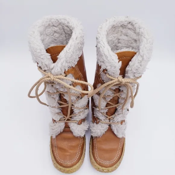 Vintage Cabela's Mid-Calf Shearling Lined Brown Leather Chunky Heel Boots Size 7