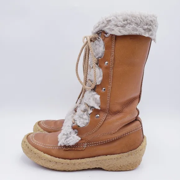 Vintage Cabela's Mid-Calf Shearling Lined Brown Leather Chunky Heel Boots Size 7