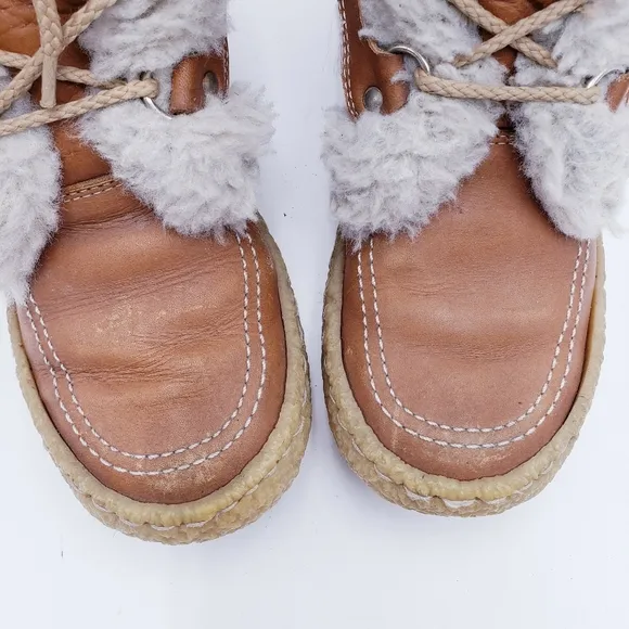 Vintage Cabela's Mid-Calf Shearling Lined Brown Leather Chunky Heel Boots Size 7