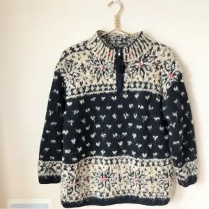 VINTAGE Chunky Hand Knitted Black &amp; Cream Pullover Fair Isle 1/2 Zip Sweater P/S