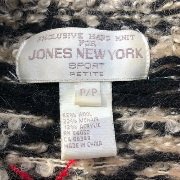 VINTAGE Chunky Hand Knitted Black &amp; Cream Pullover Fair Isle 1/2 Zip Sweater P/S