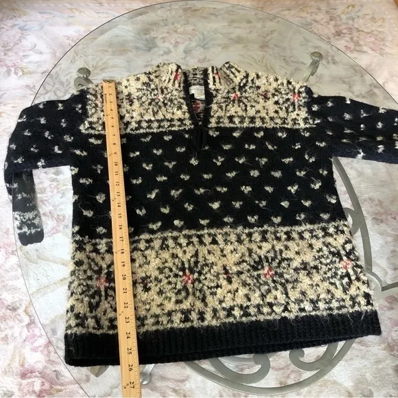 VINTAGE Chunky Hand Knitted Black &amp; Cream Pullover Fair Isle 1/2 Zip Sweater P/S