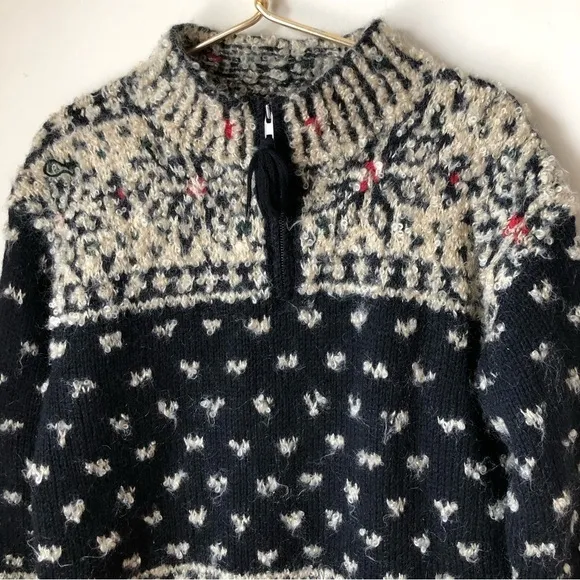 VINTAGE Chunky Hand Knitted Black &amp; Cream Pullover Fair Isle 1/2 Zip Sweater P/S