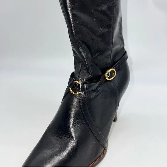 Vintage Cobbies Women Black Leather Mid-Calf Boots w/Cross Strap Details-Sz 7.5