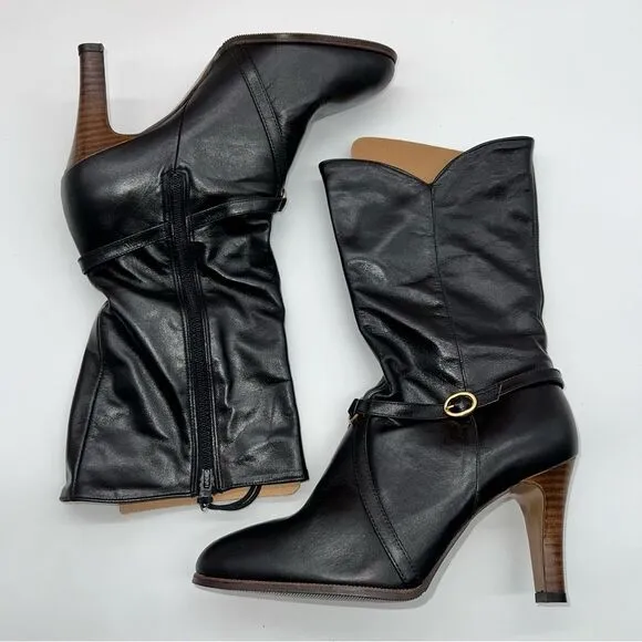 Vintage Cobbies Women Black Leather Mid-Calf Boots w/Cross Strap Details-Sz 7.5