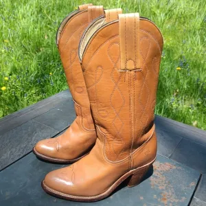 Vintage Frye Golden Tan Mid Calf Stacked High Heel Cowboy Cowgirl Boots 5.5
