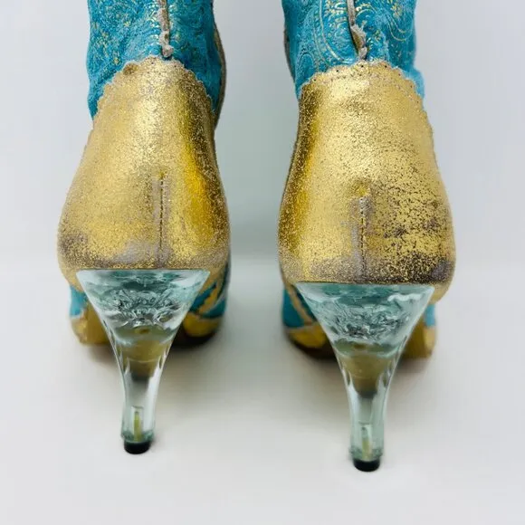 VINTAGE Irregular Choice SWAN LAKE Gold &amp; Blue Clear Heeled Boots