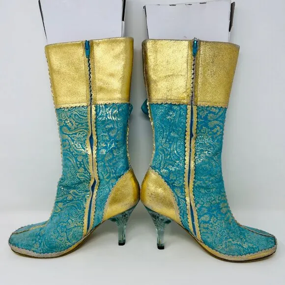 VINTAGE Irregular Choice SWAN LAKE Gold &amp; Blue Clear Heeled Boots
