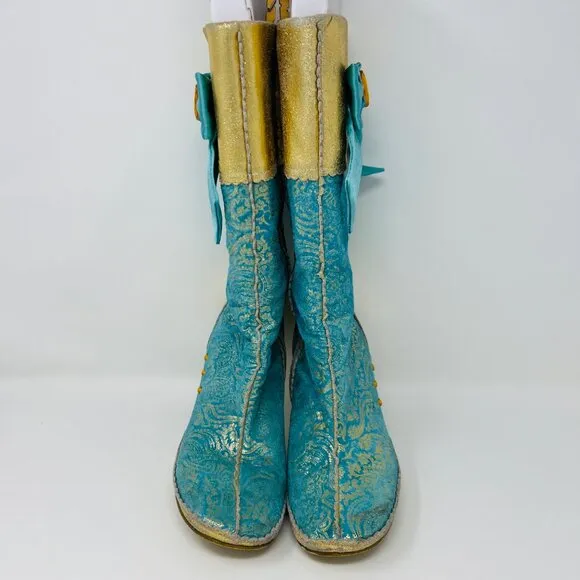 VINTAGE Irregular Choice SWAN LAKE Gold &amp; Blue Clear Heeled Boots