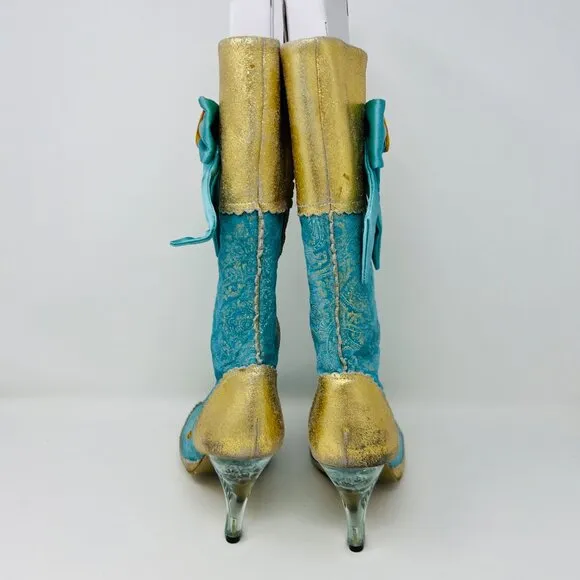 VINTAGE Irregular Choice SWAN LAKE Gold &amp; Blue Clear Heeled Boots