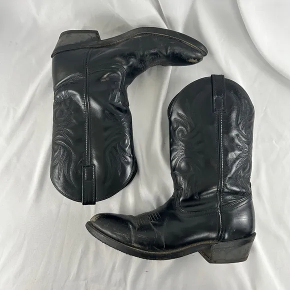 Vintage Laredo Lea Vamp Fox Black Leather Mid Calf Cowboy Boots