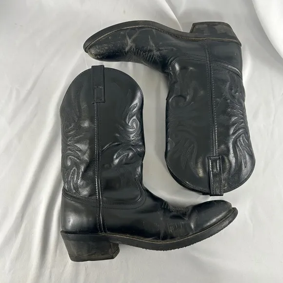 Vintage Laredo Lea Vamp Fox Black Leather Mid Calf Cowboy Boots