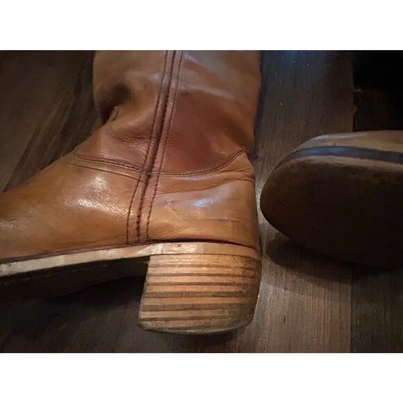 Vintage Leather Tan Brown Tall Chunky Heel Riding Boots Pull On Men's Size 10
