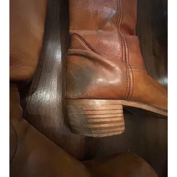 Vintage Leather Tan Brown Tall Chunky Heel Riding Boots Pull On Men's Size 10