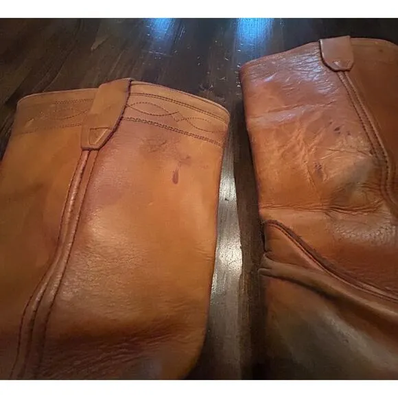 Vintage Leather Tan Brown Tall Chunky Heel Riding Boots Pull On Men's Size 10