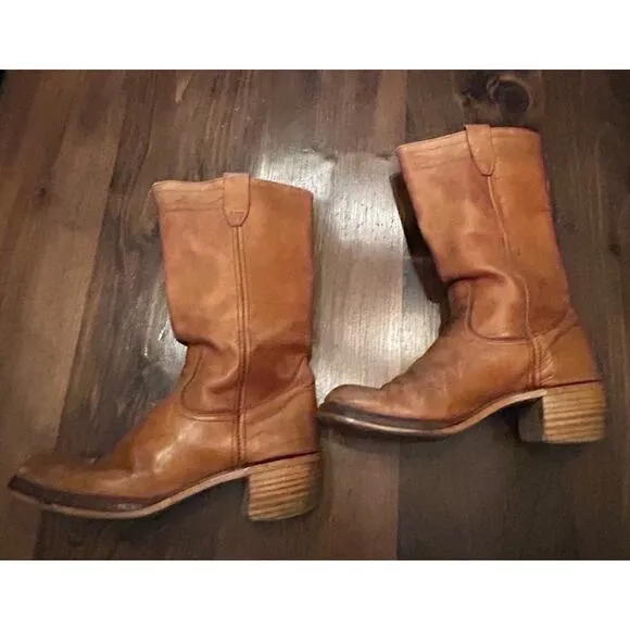 Vintage Leather Tan Brown Tall Chunky Heel Riding Boots Pull On Men's Size 10
