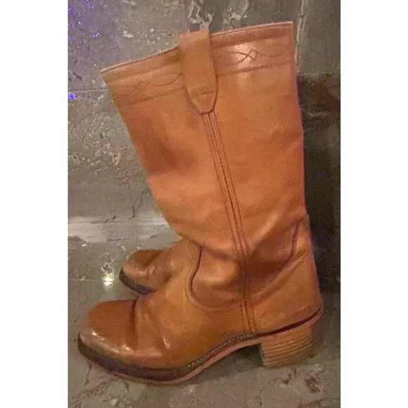Vintage Leather Tan Brown Tall Chunky Heel Riding Boots Pull On Men's Size 10