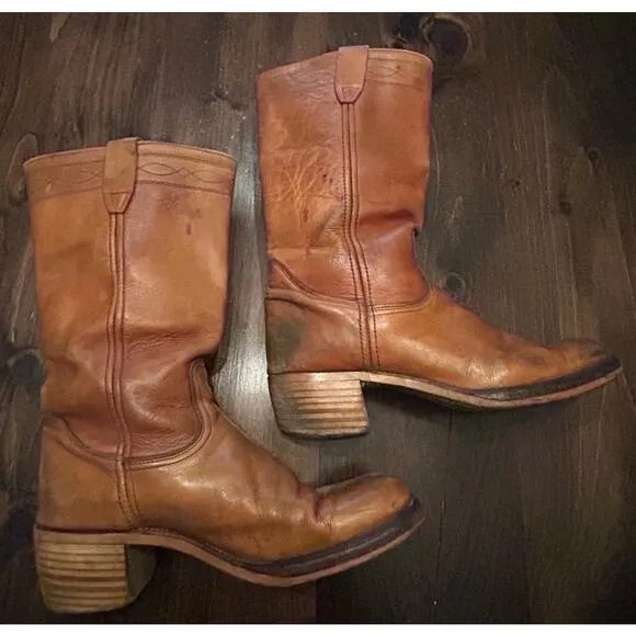 Vintage Leather Tan Brown Tall Chunky Heel Riding Boots Pull On Men's Size 10