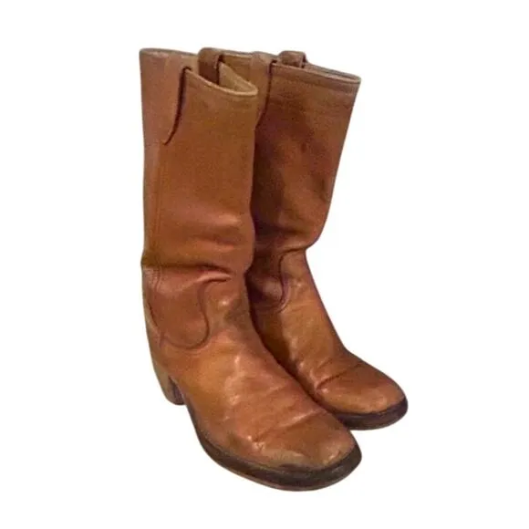 Vintage Leather Tan Brown Tall Chunky Heel Riding Boots Pull On Men's Size 10
