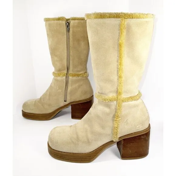 Vintage Skechers Beige Leather Suede Platform Boots Chunky Heel Y2K Fur Bratz 9