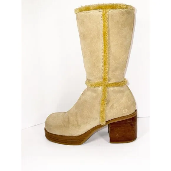 Vintage Skechers Beige Leather Suede Platform Boots Chunky Heel Y2K Fur Bratz 9