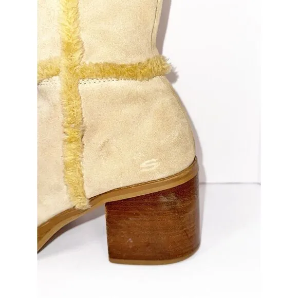 Vintage Skechers Beige Leather Suede Platform Boots Chunky Heel Y2K Fur Bratz 9