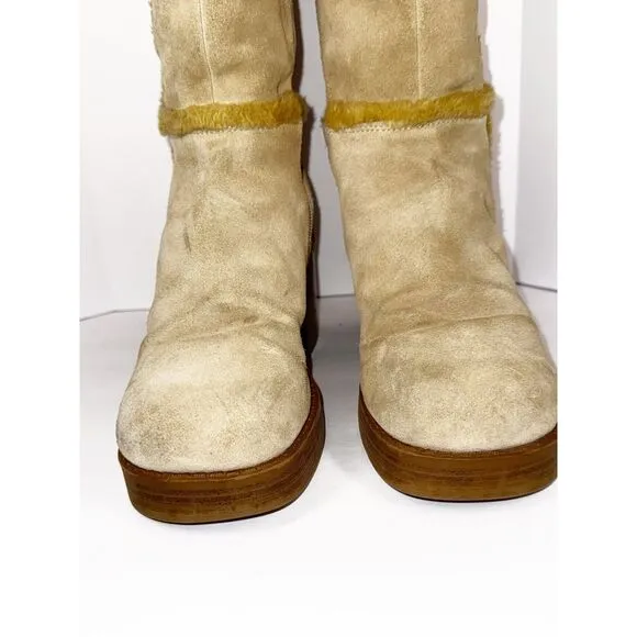 Vintage Skechers Beige Leather Suede Platform Boots Chunky Heel Y2K Fur Bratz 9
