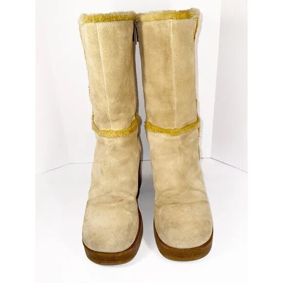 Vintage Skechers Beige Leather Suede Platform Boots Chunky Heel Y2K Fur Bratz 9