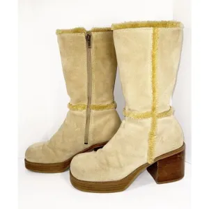 Vintage Skechers Beige Leather Suede Platform Boots Chunky Heel Y2K Fur Bratz 9