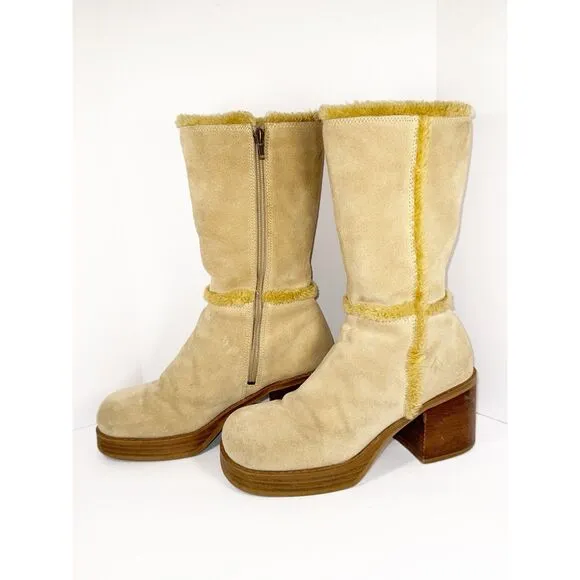 Vintage Skechers Beige Leather Suede Platform Boots Chunky Heel Y2K Fur Bratz 9