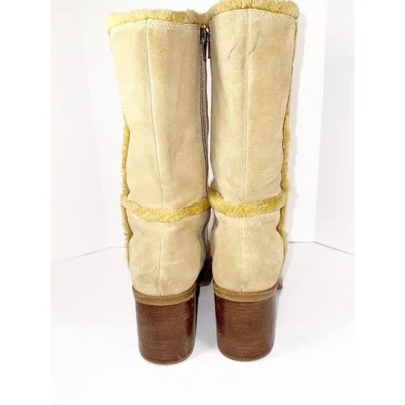 Vintage Skechers Beige Leather Suede Platform Boots Chunky Heel Y2K Fur Bratz 9