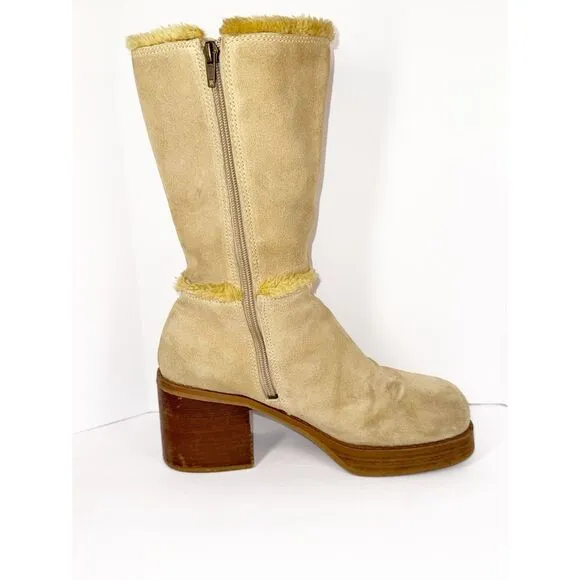 Vintage Skechers Beige Leather Suede Platform Boots Chunky Heel Y2K Fur Bratz 9