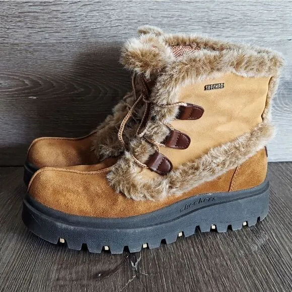 Vintage Skechers Chunky Platform Tan Suede Leather Y2K 90s Winter Boots 8.5