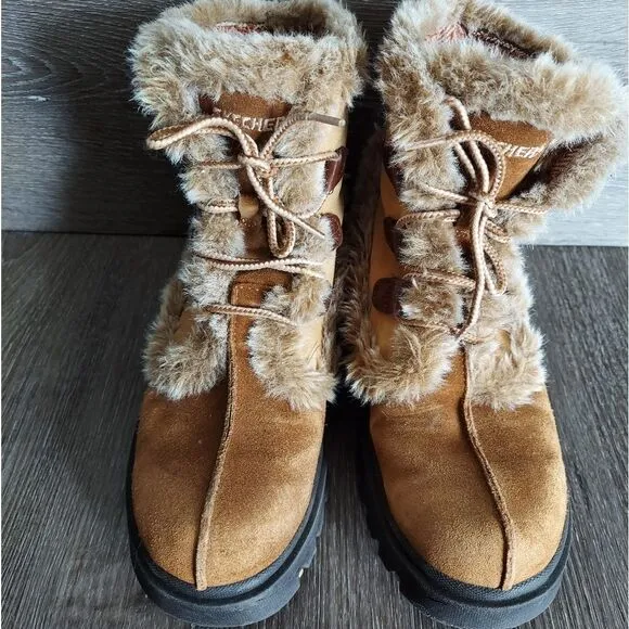 Vintage Skechers Chunky Platform Tan Suede Leather Y2K 90s Winter Boots 8.5