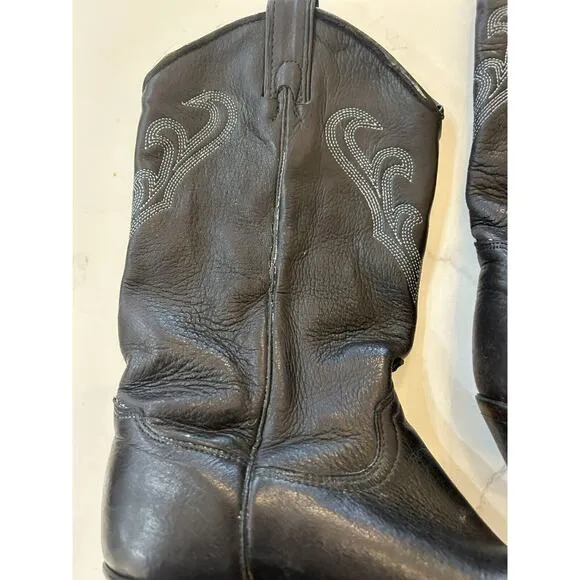 Vintage Women’s Size 7 M Black Cowboy Boots Leather Western Pointed Toe Mid Calf