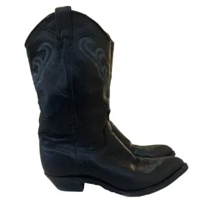 Vintage Women’s Size 7 M Black Cowboy Boots Leather Western Pointed Toe Mid Calf