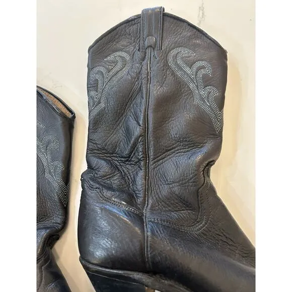 Vintage Women’s Size 7 M Black Cowboy Boots Leather Western Pointed Toe Mid Calf