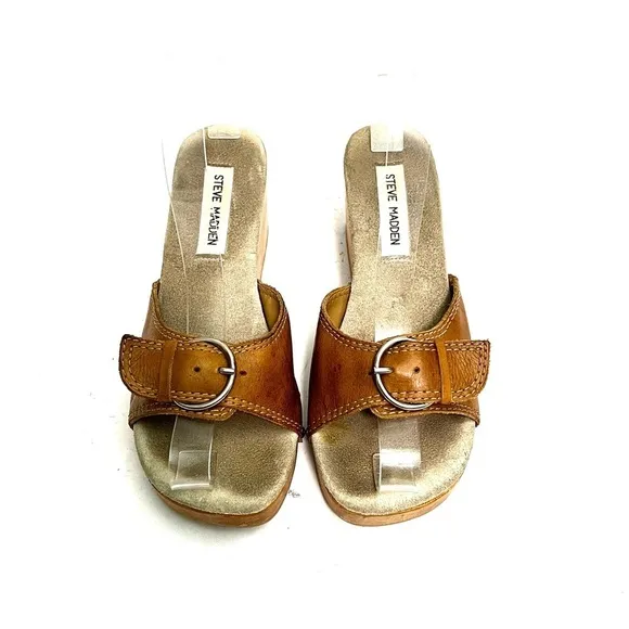 Vintage Y2K brown leather open toe riveted wooden platform wedge heel sandals