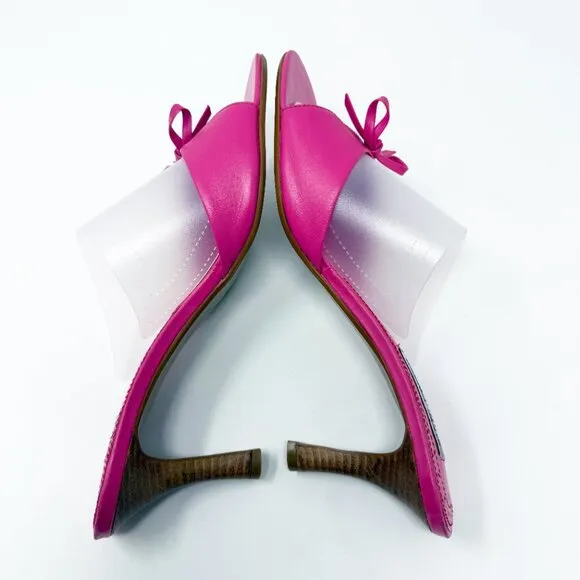 Vintage Y2K Steve Madden Pink Leather Open Toe Stiletto Sandals Sz 10 Bow Accent