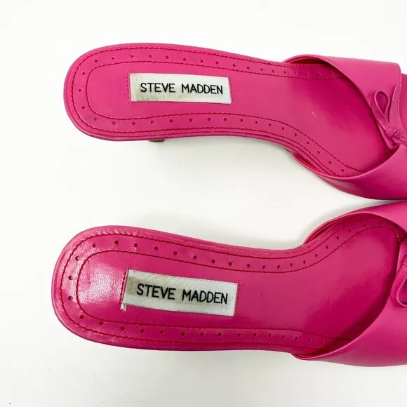 Vintage Y2K Steve Madden Pink Leather Open Toe Stiletto Sandals Sz 10 Bow Accent