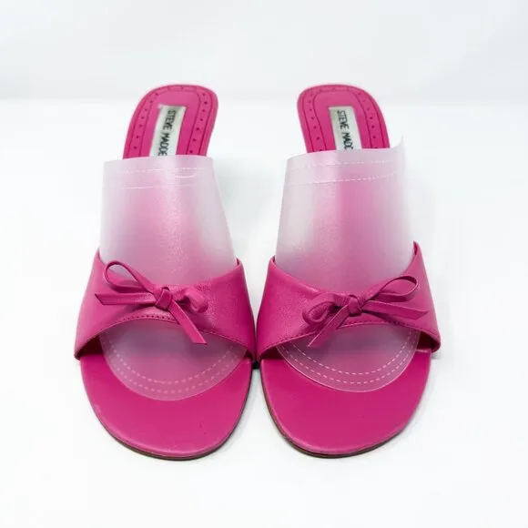 Vintage Y2K Steve Madden Pink Leather Open Toe Stiletto Sandals Sz 10 Bow Accent